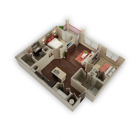 Floor plan for 2 beds, 2 baths, 957 sqft
